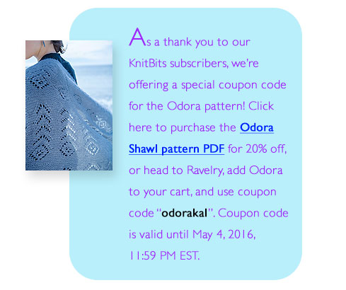 Discount coupon code for Odora Shawl pattern pdf